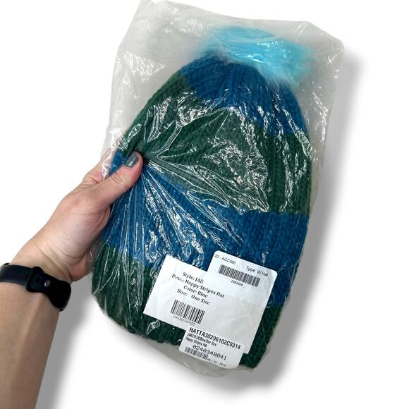 Hat Attack NWT Happy Stripes Blue Green Real Fur Pom Knit Beanie Hat One Size - Picture 7 of 8